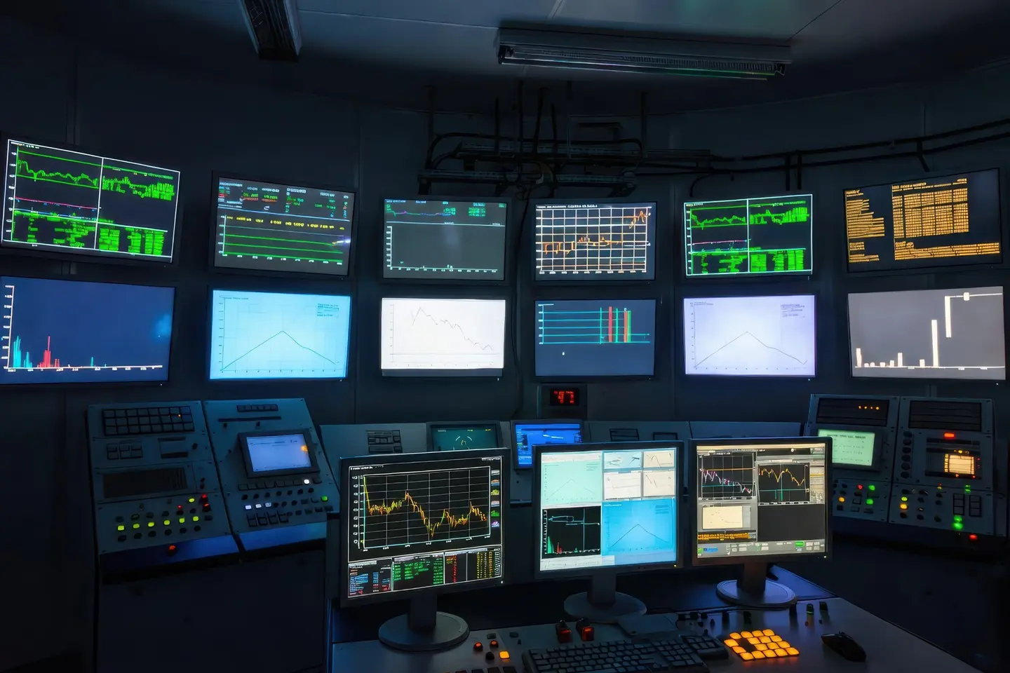 A dark control room with many monitors showing charts and data
